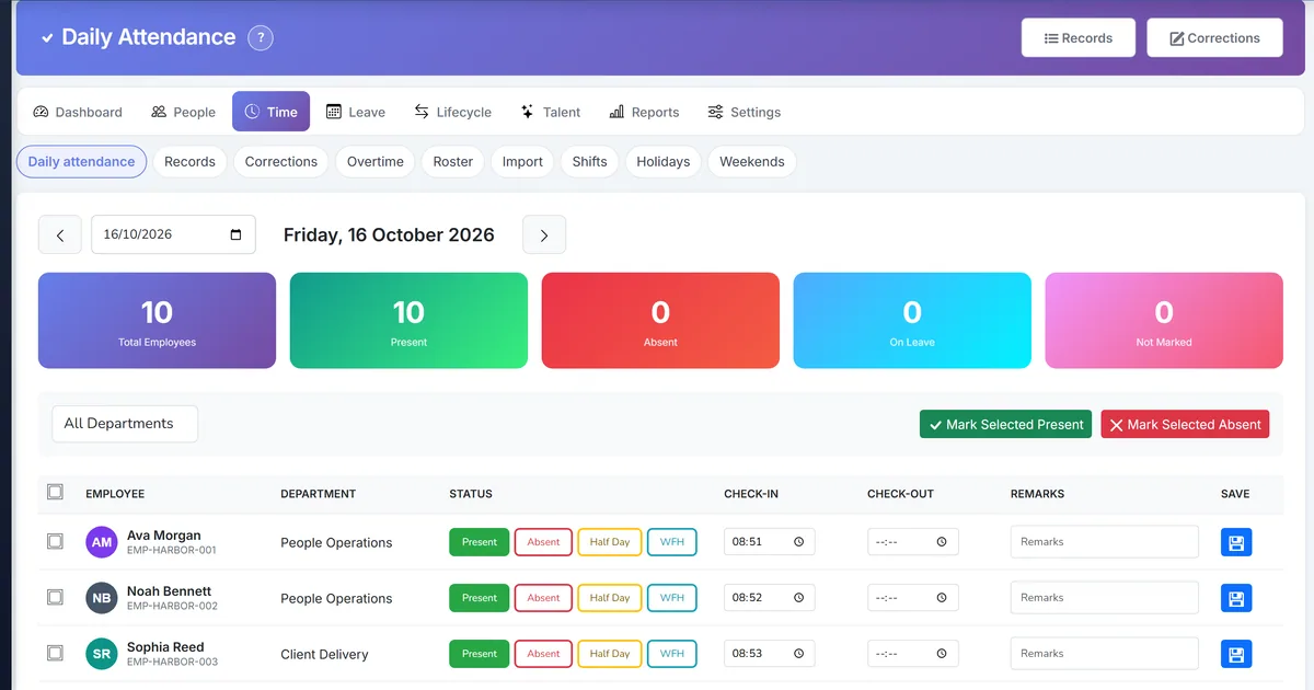 Biznsbook daily attendance view by employee