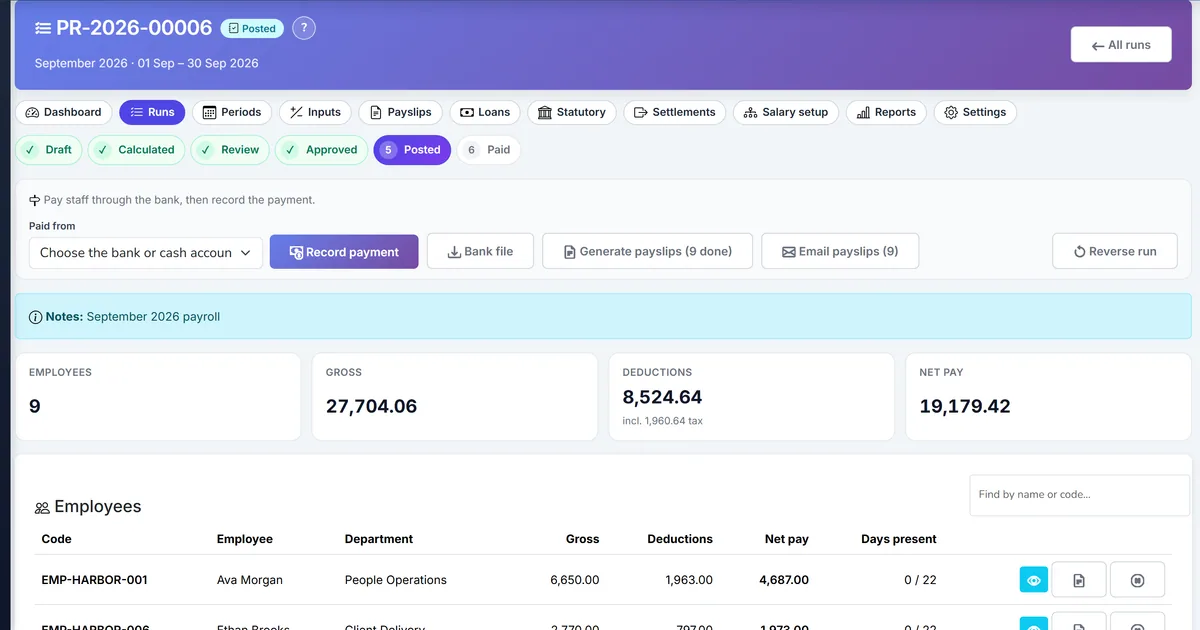 Biznsbook payroll run detail with employee earnings and deductions