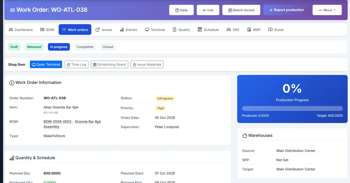 Biznsbook work order in progress with material issues and output