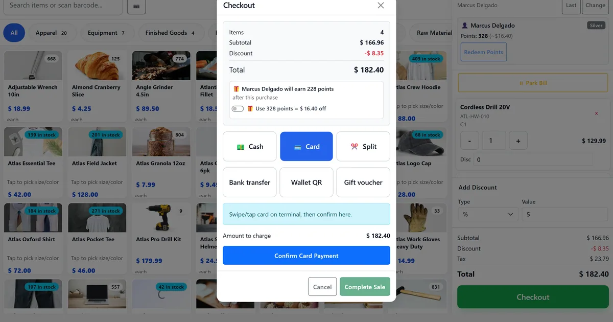 Biznsbook POS checkout screen with card payment