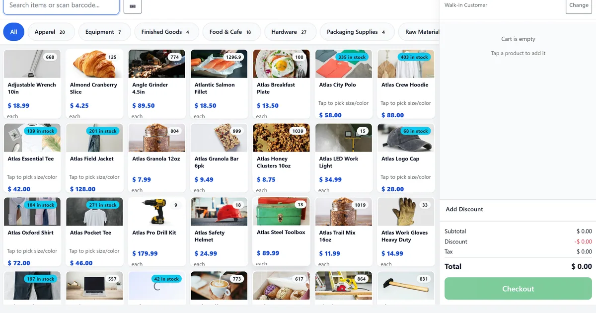 Biznsbook POS product grid for quick selling