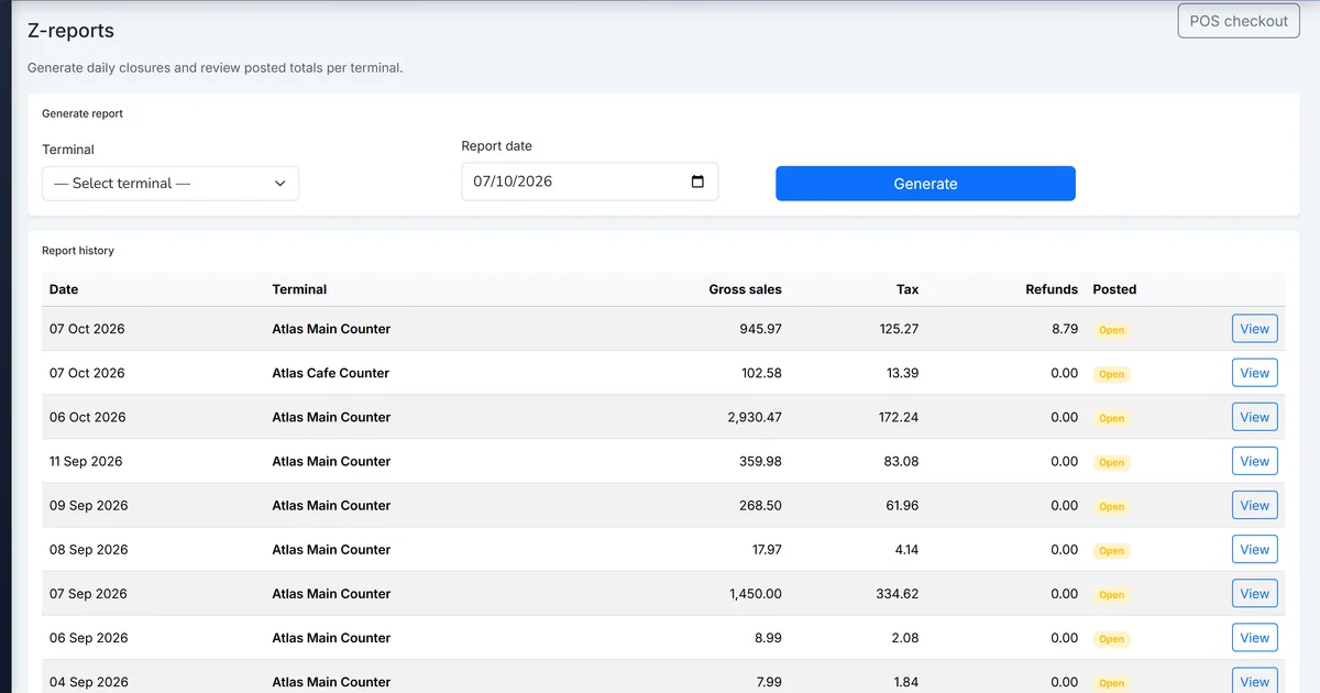 Biznsbook POS Z reports for end-of-day sessions