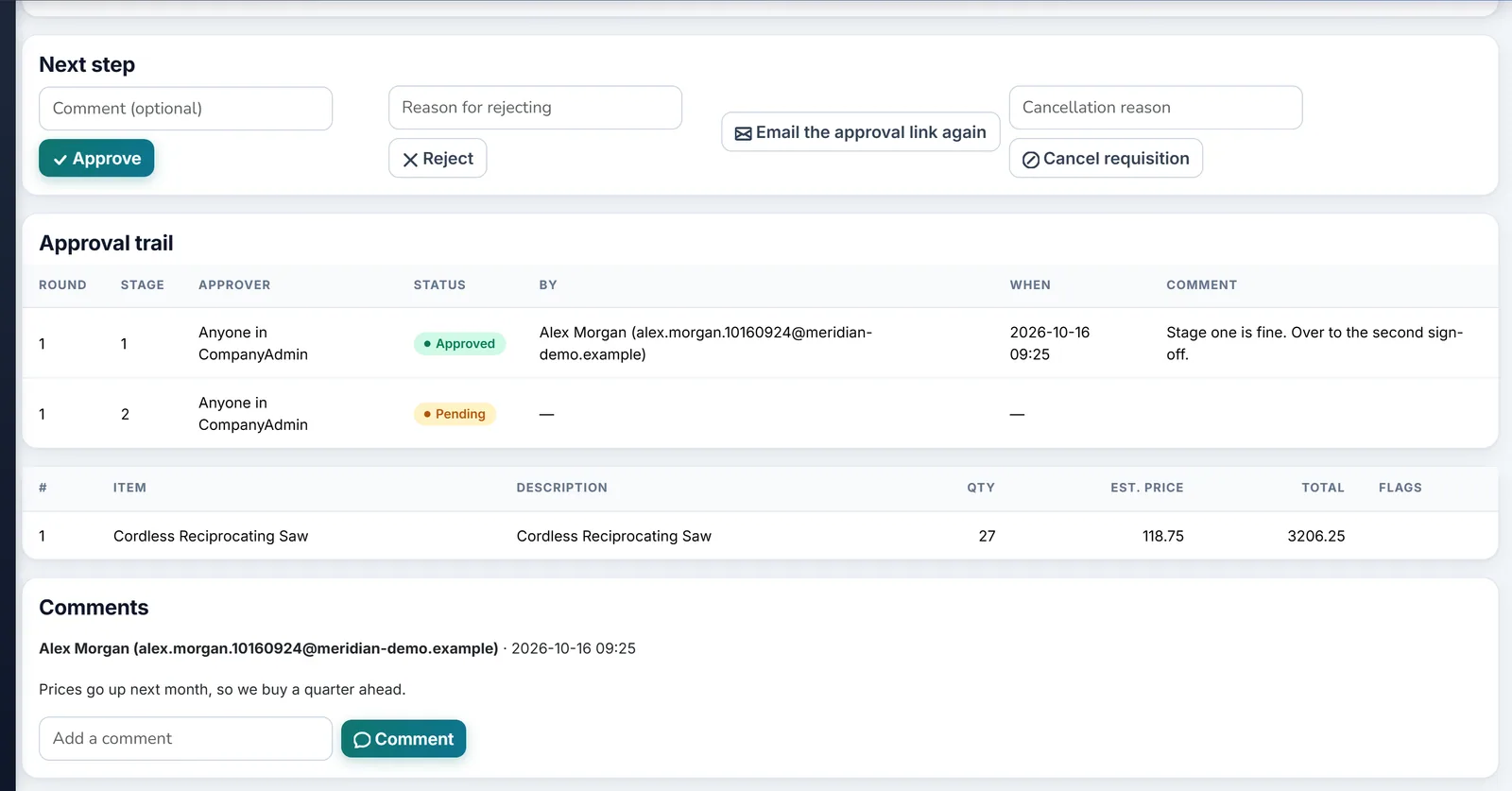 Biznsbook requisition with a two-stage approval trail