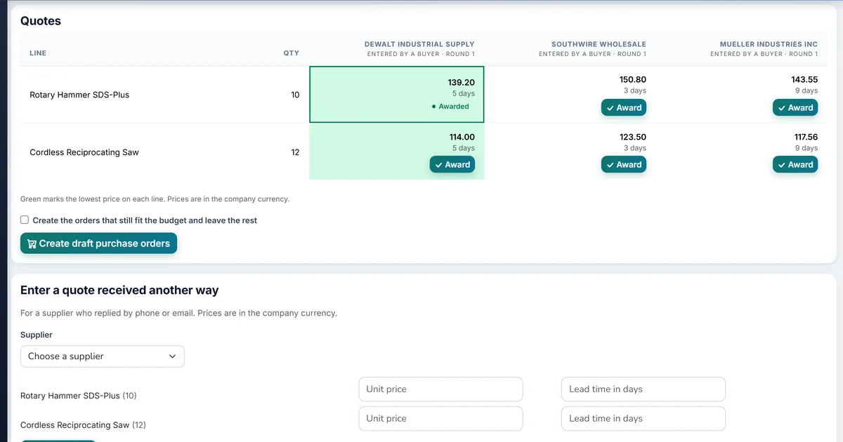 Biznsbook RFQ comparison of supplier quotes side by side