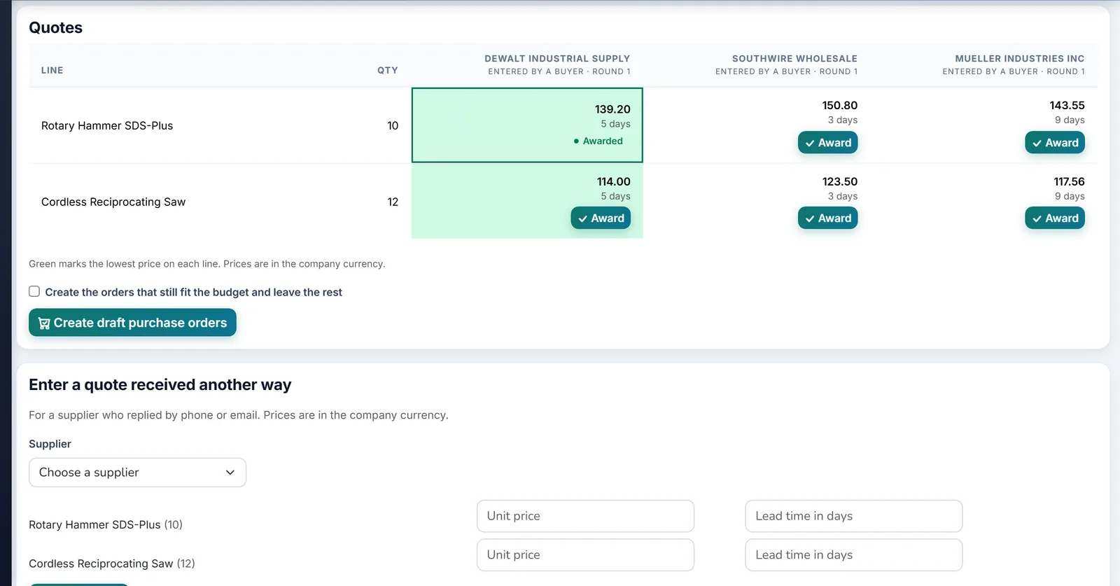 Biznsbook RFQ comparison of supplier quotes side by side