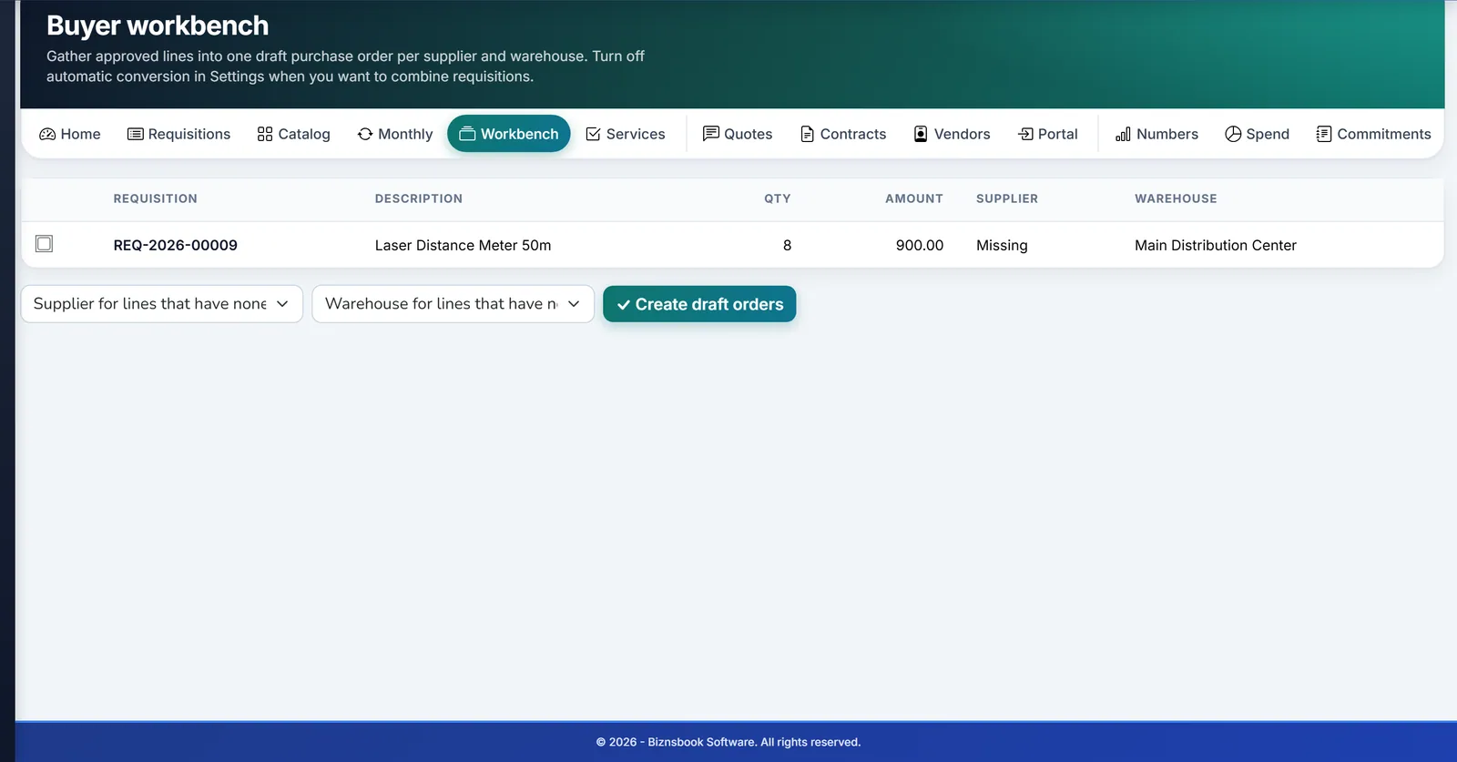 Biznsbook buyer workbench with approved requisitions ready to order